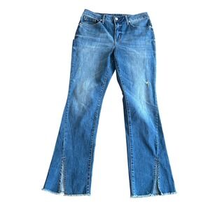 Seven7 Womens Size 10 Flare Jeans Medium Wash Raw Hem Side Slit Distressed Denim